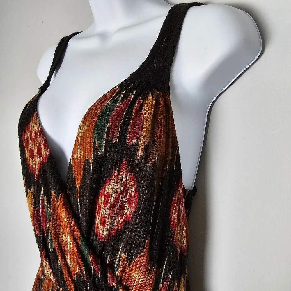 Free People Black Midi Dress with Rust, Mustard & Olive Ikat Print